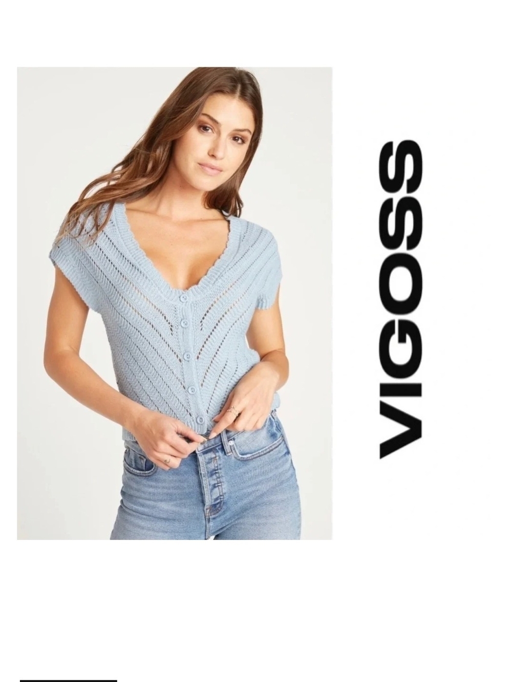 Vigoss Light Blue Knit Button-Front Crop Top